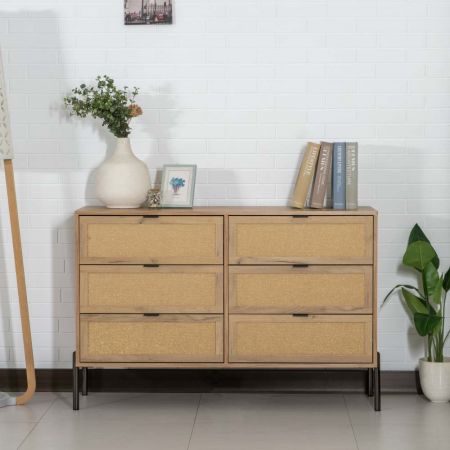 Gold Wire Cloth Bright Oak Black Metal Six Chest Drawers